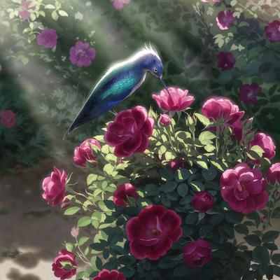 The primary subject of the image is a blue bird perched on a pink flower. The setting is a garden with a variety of pink flowers. The visual style is a digital art illustration, creating a vibrant and lively atmosphere. The dominant colors are pink and blue, with the pink flowers being the main focus of the image.